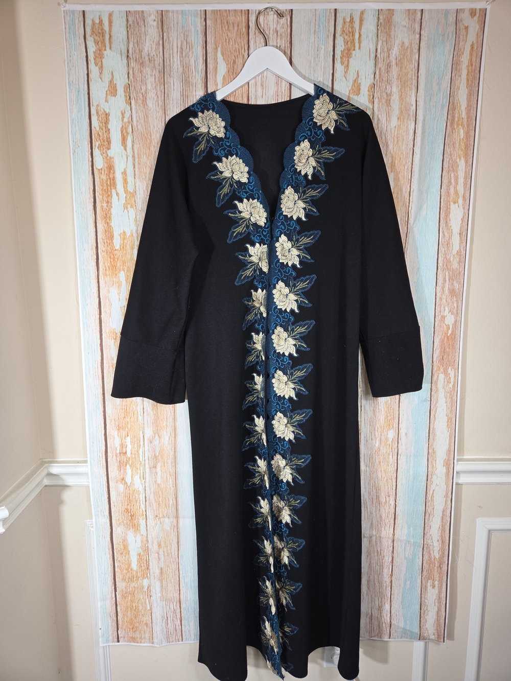 Black Long Coat with Gold And Teal Floral Embroidery Trim. Size Small/4